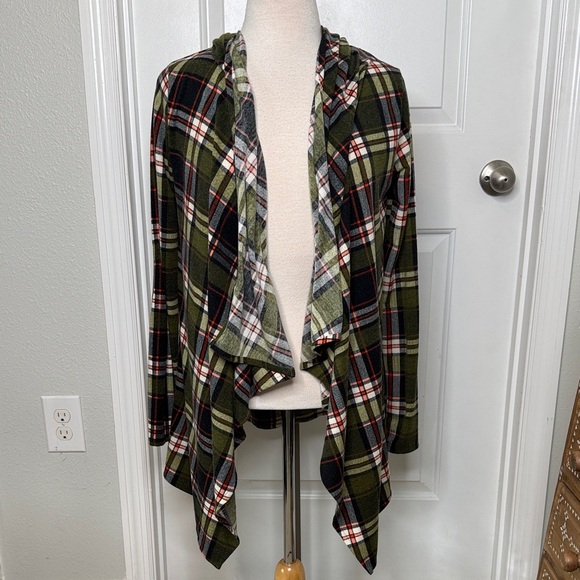 Kori Sweaters - Kori Green and Black Plaid Waterfall Hoodie Cardigan